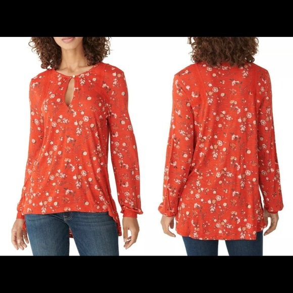 Lucky Brand red floral top blouse lace details viscose soft key hole neck sz XS - Picture 2 of 15